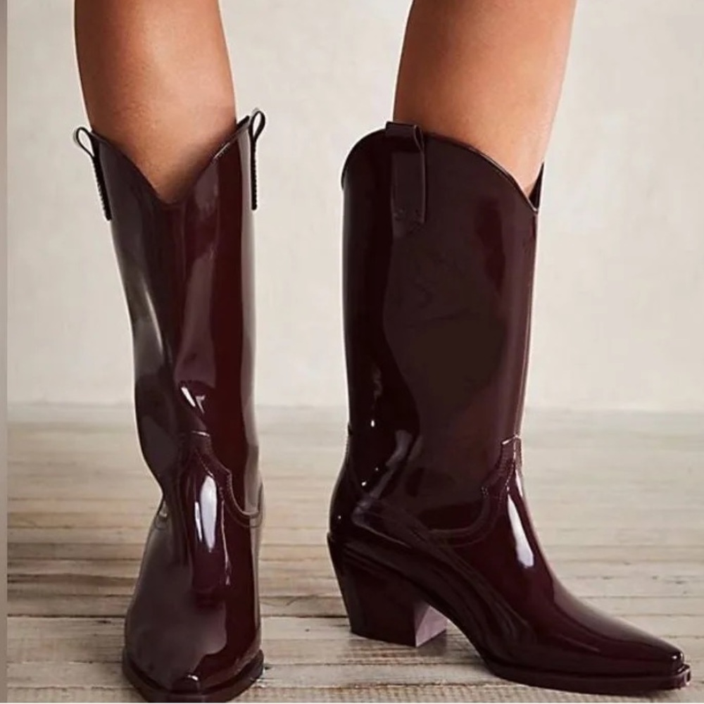 Jeffrey Campbell Glossy Dark Brown Western Mid-Calf Dagget Rain Boots